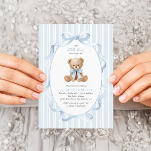 Teddy Bear, Blue Bow, Blue Stripes, First Birthday Invitation