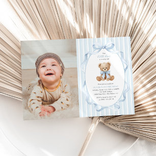 Teddy Bear, Blue Bow, Blue Stripes, First Birthday Invitation