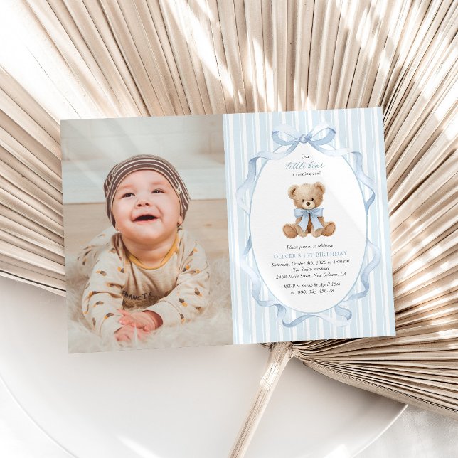 Teddy Bear, Blue Bow, Blue Stripes, First Birthday Invitation (Creator Uploaded)