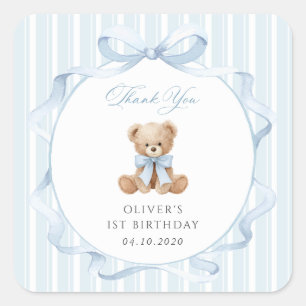 Teddy Bear, Blue Bow, Blue Stripes, First Birthday Square Sticker