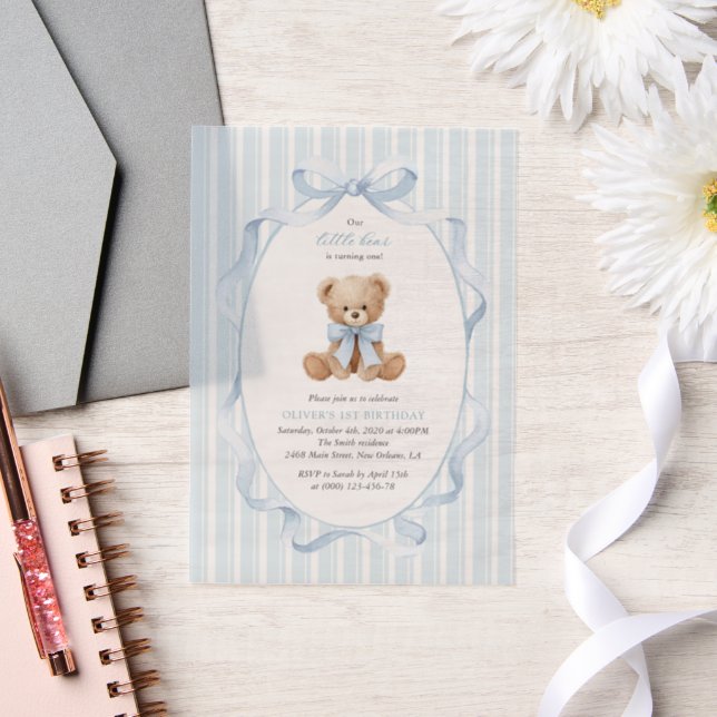 Teddy Bear, Blue Bow, Blue Stripes, First Birthday Vellum Invitations (Wedding)