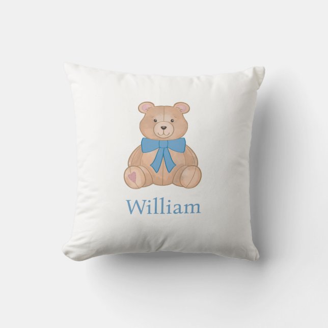 Teddy Bear Blue Bow Nursery Cushion (Front)