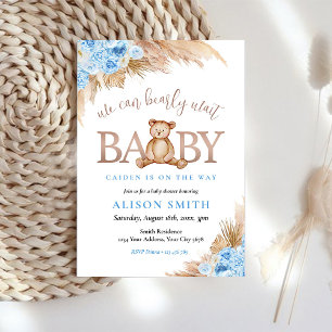 Teddy Bear Blue Boy Bearly Wait Baby Shower Invitation