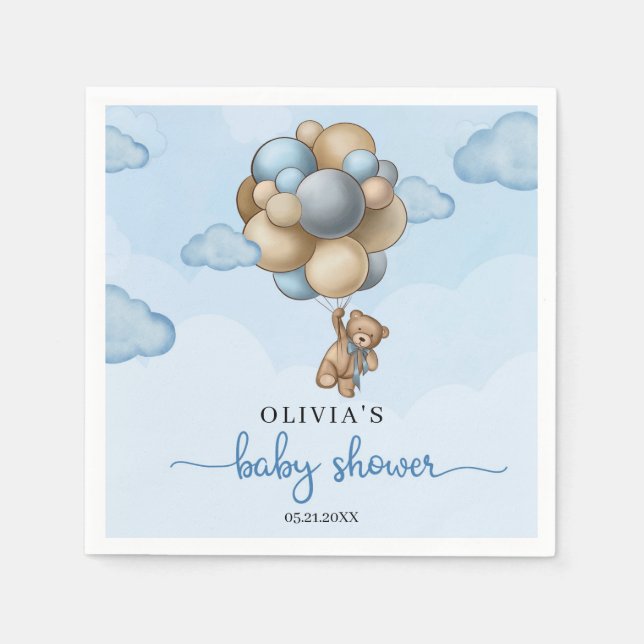 Teddy bear blue brown balloons Baby shower Napkins (Front)