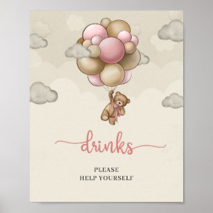 Teddy bear blue brown balloons drinks table sign