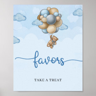 Teddy bear blue brown balloons favours table sign