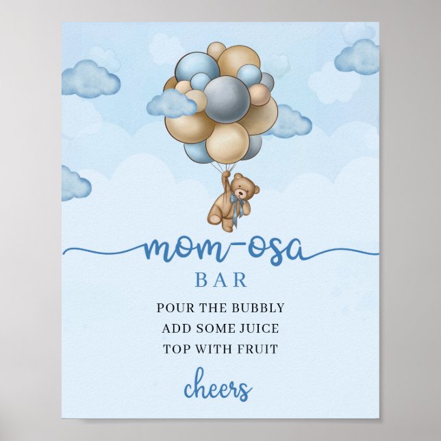 Teddy bear blue brown balloons Mom-osa bar Sign (Front)