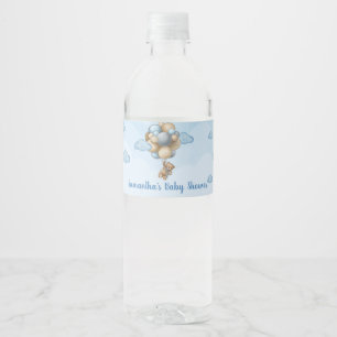 Teddy bear blue brown beige balloons baby shower water bottle label