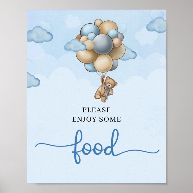 Teddy bear blue brown beige balloons food sign (Front)