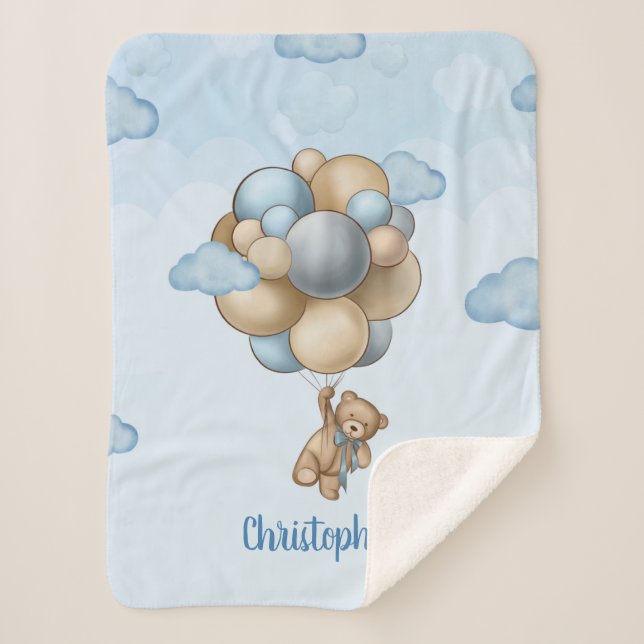 Teddy bear blue brown beige balloons personalised  sherpa blanket (Front)