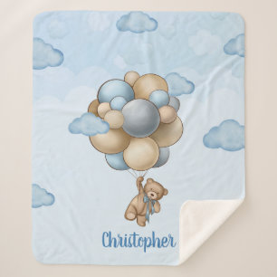 Teddy bear blue brown beige balloons personalised sherpa blanket