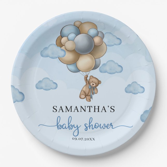 Teddy bear blue brown ivory balloons baby shower paper plate (Front)