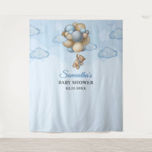 Teddy bear blue brown ivory balloons backdrop tapestry