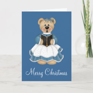 Teddy Bear Blue Christmas Caroler Greeting Card