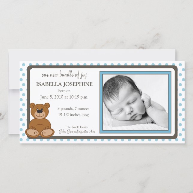 Teddy Bear Blue Customised Birth Announcement (Front)