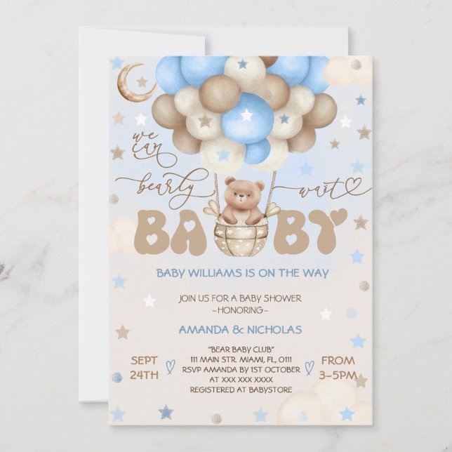 Teddy Bear Blue Cute Balloon Boy Baby Shower Invitation (Front)