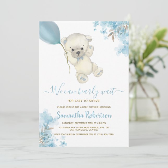 Teddy Bear Blue Floral Balloon Boy Baby Shower Invitation (Standing Front)