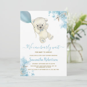 Teddy Bear Blue Floral Balloon Boy Baby Shower Invitation