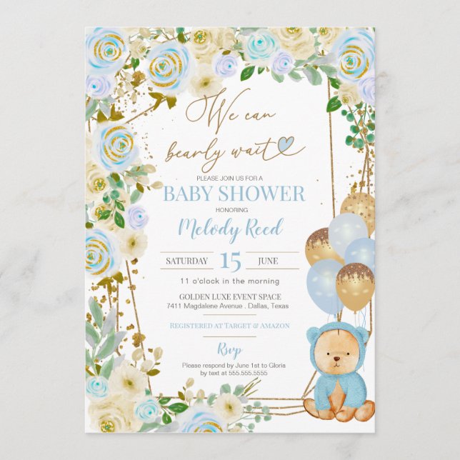 Teddy Bear Blue Floral Balloons Boy Baby Shower Invitation (Front)