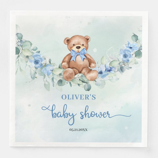 Teddy bear blue floral eucalyptus boy baby shower napkin (Front)