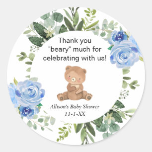 Teddy bear blue floral greenery baby shower classic round sticker