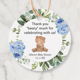 Teddy bear blue floral greenery baby shower favour tags