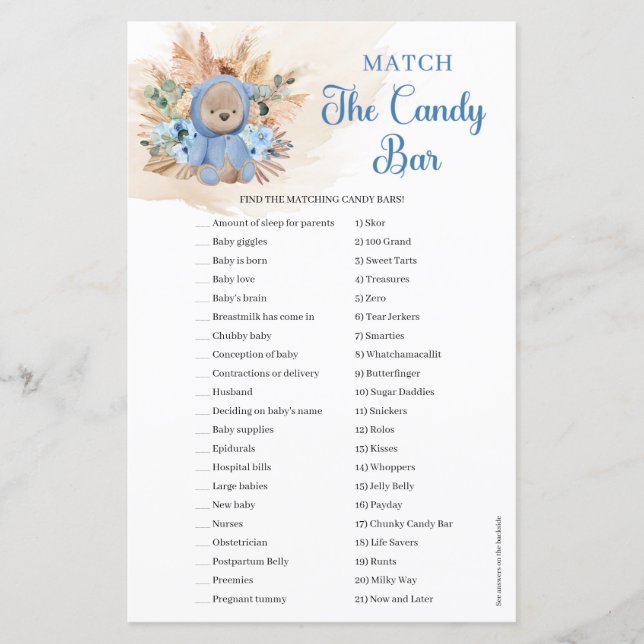 Teddy bear blue flowers pampas Match The Candy Bar (Front)