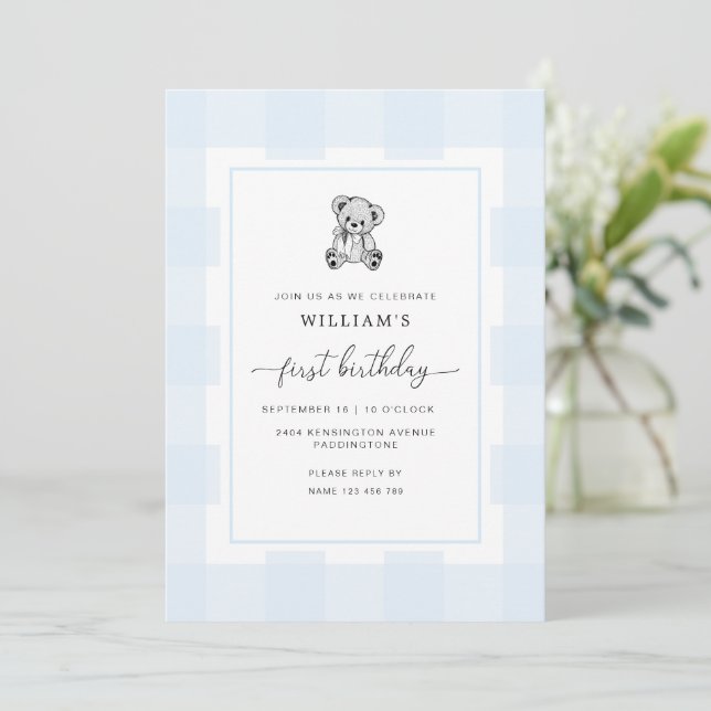 Teddy Bear Blue Gingham 1st Birthday Invitation (Standing Front)