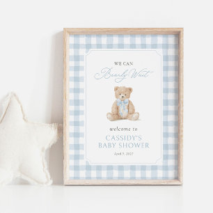 Teddy Bear Blue Gingham Baby Shower Welcome Sign