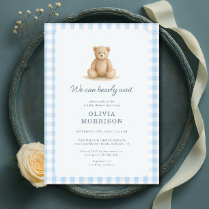 Teddy Bear Blue Gingham Boy Baby Shower Invitation