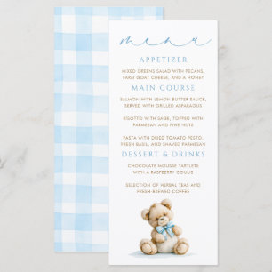 Teddy Bear Blue Gingham Pattern Menu Cards
