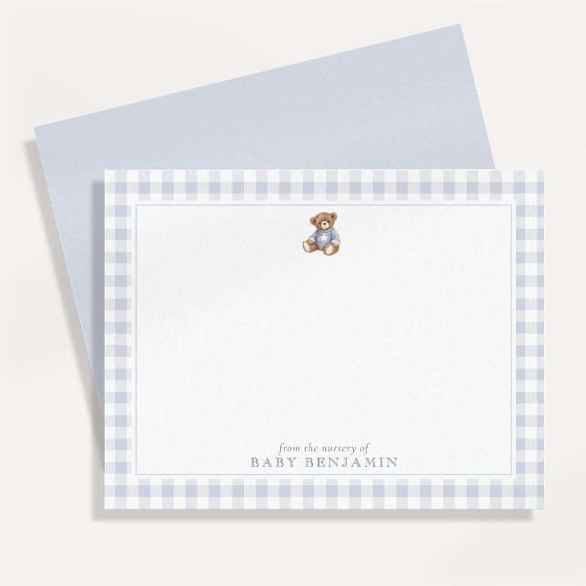 Teddy Bear Blue Gingham Preppy Nursery Note Card (Creator Uploaded)