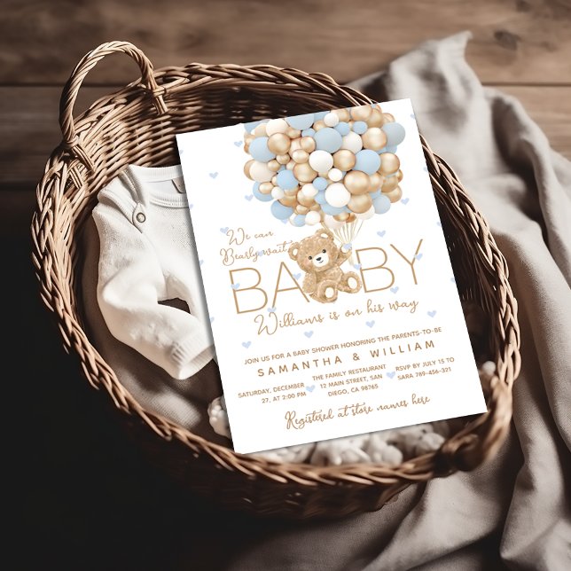 Teddy Bear Blue Heart & Balloon Baby Boy Shower Invitation (Creator Uploaded)