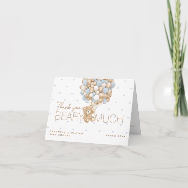 Teddy Bear Blue Heart & Balloon Baby Boy Shower Thank You Card (Front)