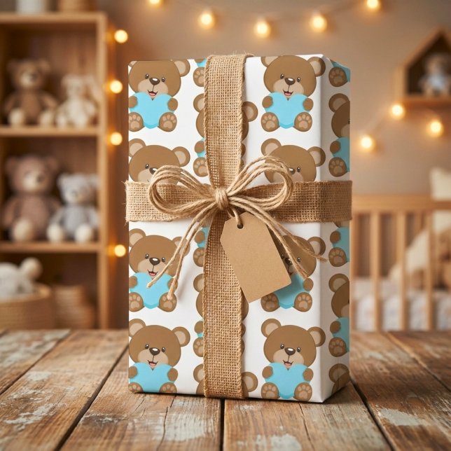Teddy Bear Blue Heart Wrapping Paper Sheet  (Teddy Bear Blue Heart Wrapping Paper Sheet )
