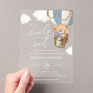 Teddy Bear, Blue Hot Air Balloon, Baby Shower Acrylic Invitations