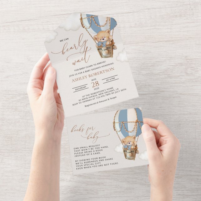 Teddy Bear, Blue Hot Air Balloon, Baby Shower All In One Invitation (Tearaway)