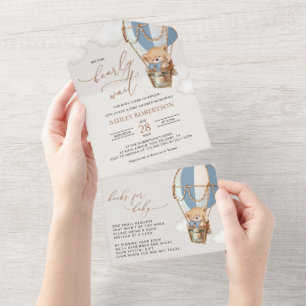 Teddy Bear, Blue Hot Air Balloon, Baby Shower All In One Invitation
