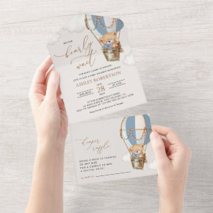 Teddy Bear, Blue Hot Air Balloon, Baby Shower All In One Invitation