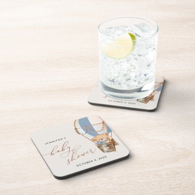 Teddy Bear, Blue Hot Air Balloon, Baby Shower Coaster (Right Side)