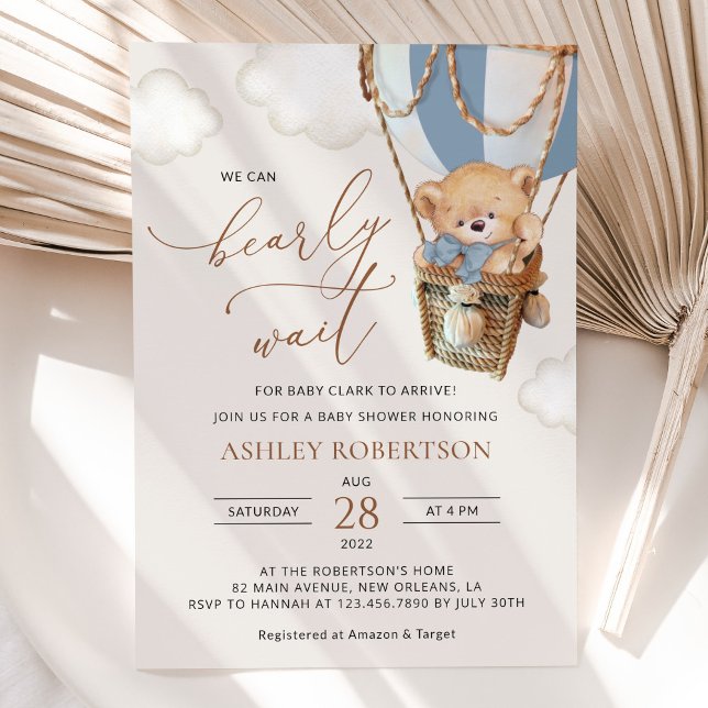 Teddy Bear, Blue Hot Air Balloon, Baby Shower Invitation (Creator Uploaded)