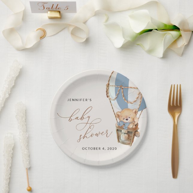 Teddy Bear, Blue Hot Air Balloon, Baby Shower Paper Plate (Wedding)