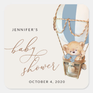 Teddy Bear, Blue Hot Air Balloon, Baby Shower Square Sticker