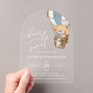 Teddy Bear, Blue Hot Air Balloon, First Birthday Acrylic Invitations