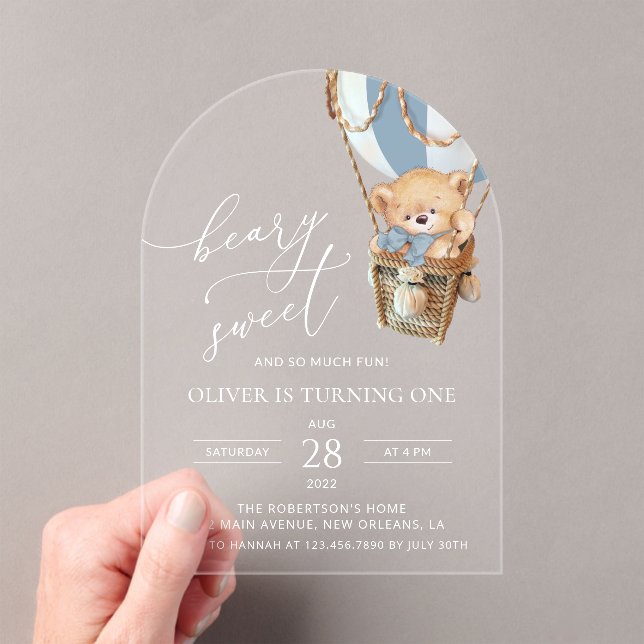 Teddy Bear, Blue Hot Air Balloon, First Birthday Acrylic Invitations (Insitu (Handheld))