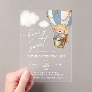 Teddy Bear, Blue Hot Air Balloon, First Birthday Acrylic Invitations