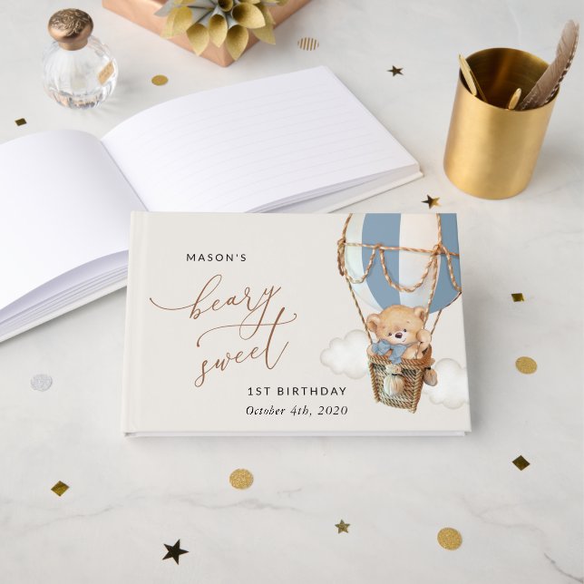Teddy Bear, Blue Hot Air Balloon, First Birthday Guest Book (Front Open)
