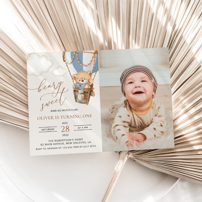 Teddy Bear, Blue Hot Air Balloon, First Birthday Invitation (Creator Uploaded)