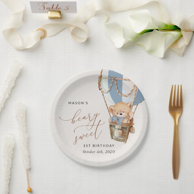 Teddy Bear, Blue Hot Air Balloon, First Birthday Paper Plate (Wedding)