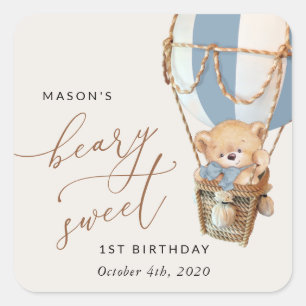 Teddy Bear, Blue Hot Air Balloon, First Birthday Square Sticker